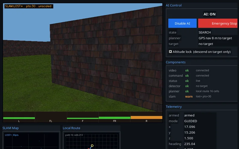 dvision autonomy controller: camera feed with obstacle sectors, SLAM map and local route