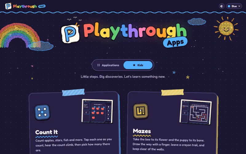 Colorful Playthrough Kids page with crayon-style learning games